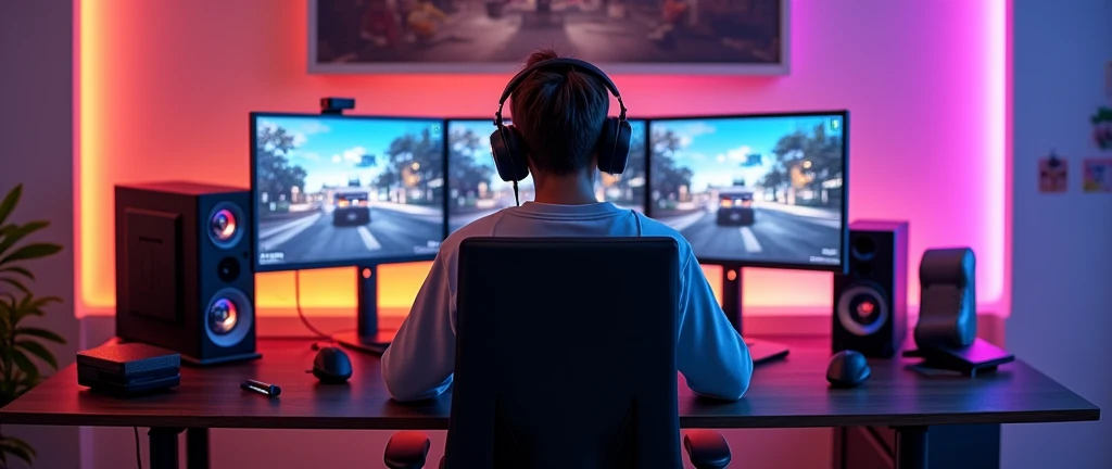 create an image of a streamer playing overwatch but horizontally so that the whole setup can be seen and that the streamer can be seen from behind, not from the side, please, and that the image can be seen horizontally
