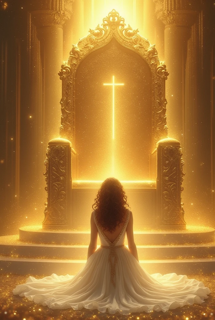 Beautiful and mystical curly-haired woman dressed in white with a royal court dress, prostrate in deep adoration offering her life and work to Jesus sitting on his golden throne brighter than the sun and made with all the stars of heaven
