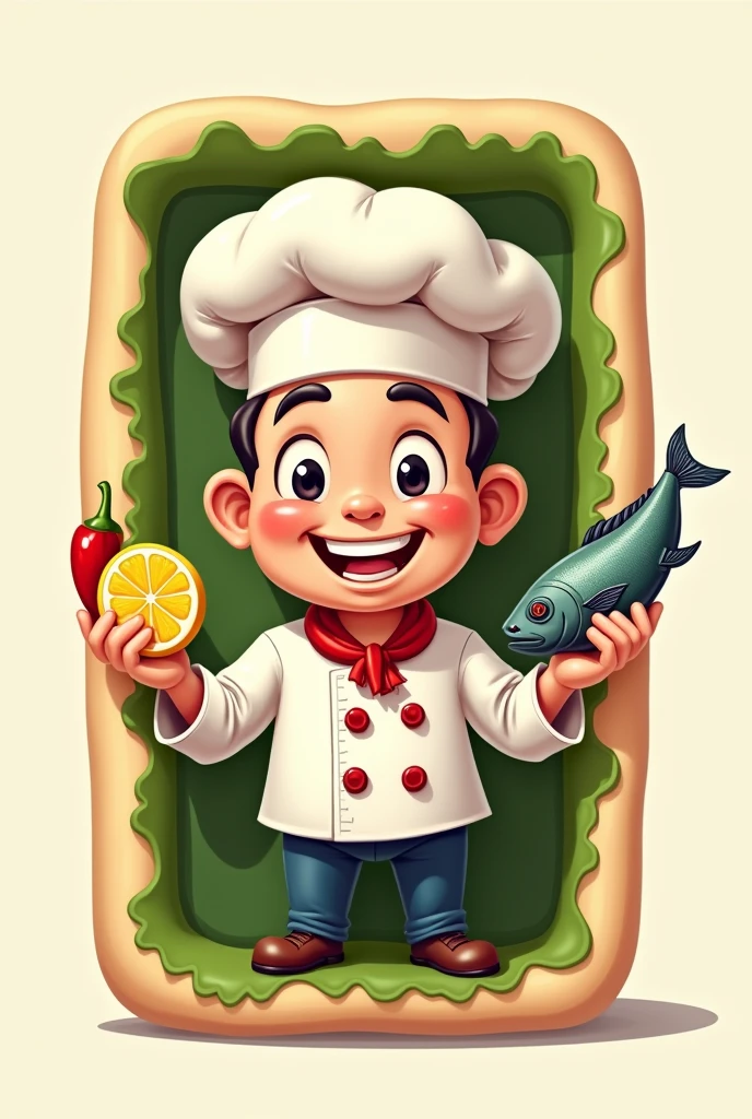 Make me a logo for my place which is a restaurant called Mr.. A rectangular tamale bun with a chef's hat on it, with hands and legs and face, I need the face to be smiling, so that the teeth can be seen, that he looks happy and convinced that he is a good chef,both eyes open and, It has to be commercial, that he has a small fish in his hand and in the other a lemon and a chili pepper, Please note that the tamales are green in color, to make a logo for my store