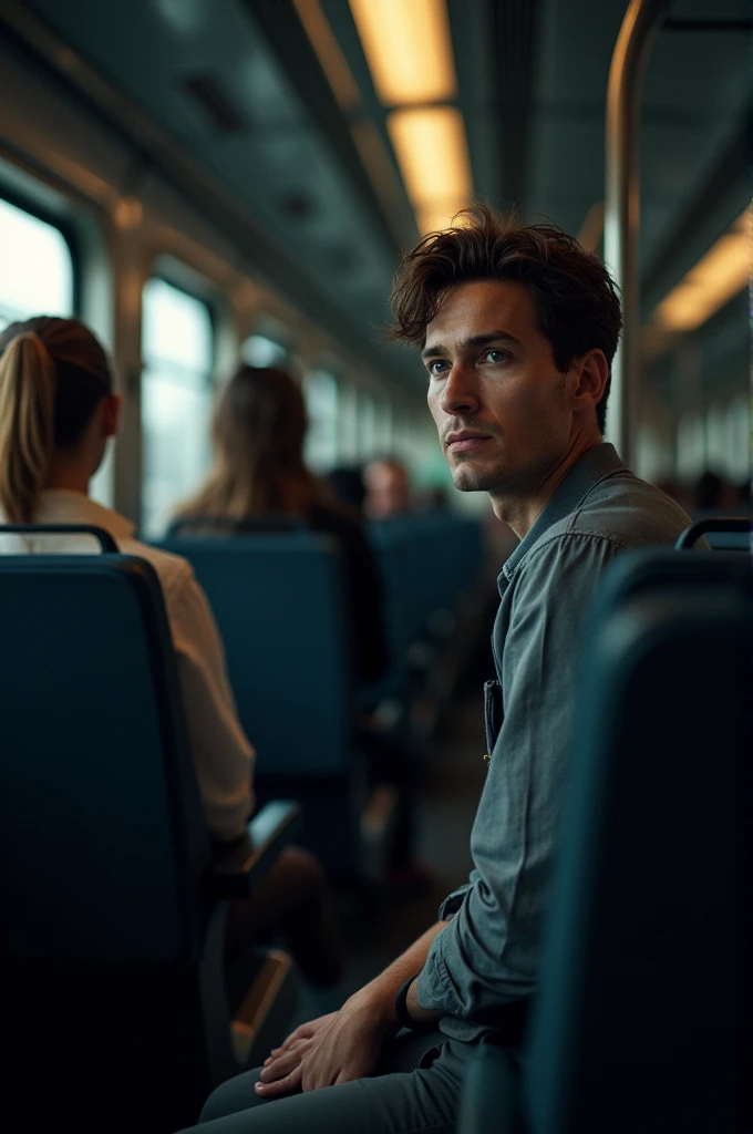 Man sitting on a train as a woman gets on