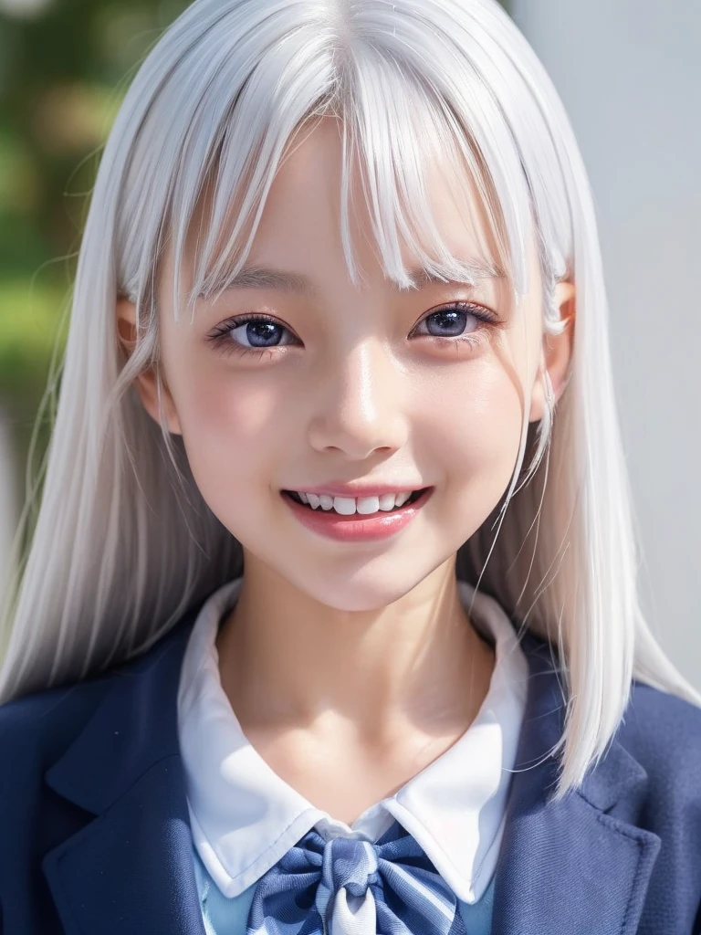NSFW,(A portrait of a young girl in school uniform:1.5), with a bright expression, glowing white skin, glossy face, shimmering cheek gloss, small face,(best looks:1.5),very beautiful glossy hair,(shiny white hair:1.5),shimmering clear alluring bright large pale blue eyes,downturned eyes,charming eyes,balanced eyes,eyeliner,(a very beautiful lovely cute girl,charming smile,perfect bust:1.25),masterpiece,photorealistic, 8k, high quality, masterpiece,realistic portrait,high resolution fix,(Ecstasy,Orgasm face,sexual climax:1.5)