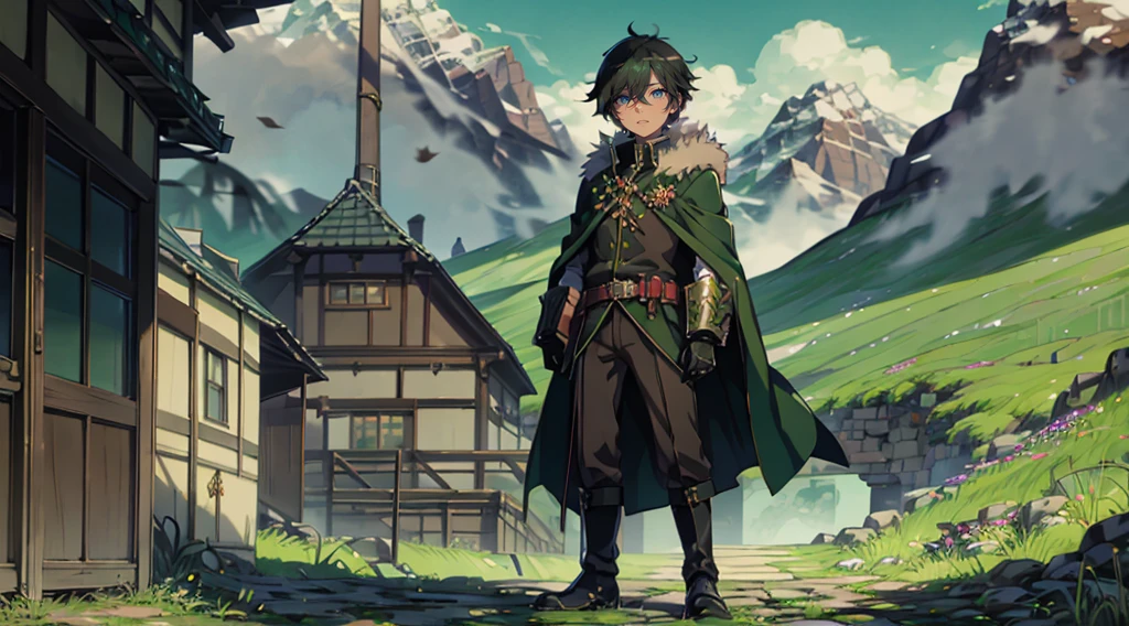 yuichiro hyakuya, (WithoutFear:1), demon king, evil face, 1 boy, black hair, green eyes, brown coat, gray armor, green shield, green cloak, dark brown gloves, castle, white fur trim, tall, anime, standing, good quality, portrait, looking at viewer