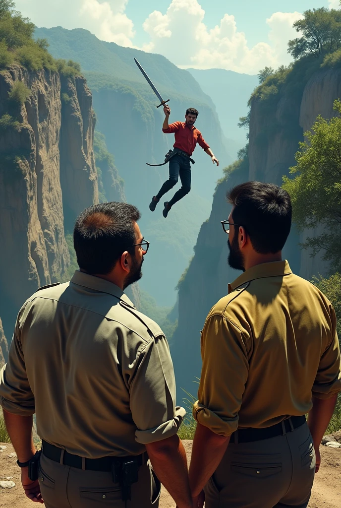 Fidel Castro and Che Guevara watching Fulgencio fall off the cliff with a sword in his hand.