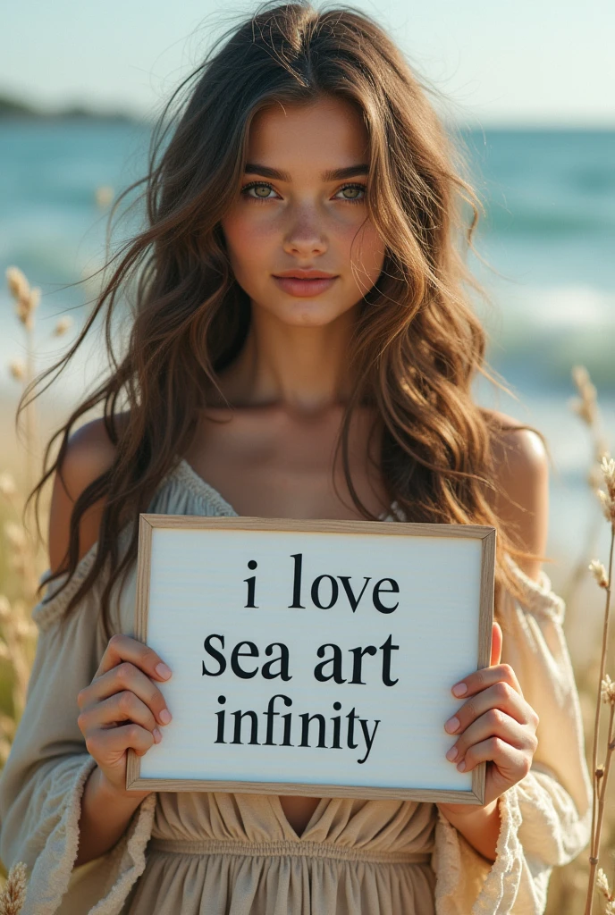 Beautiful girl with wavy long hair, bohemian dress, holding a white board with text "I Love Seaart Infinity" and showing it to the viewer