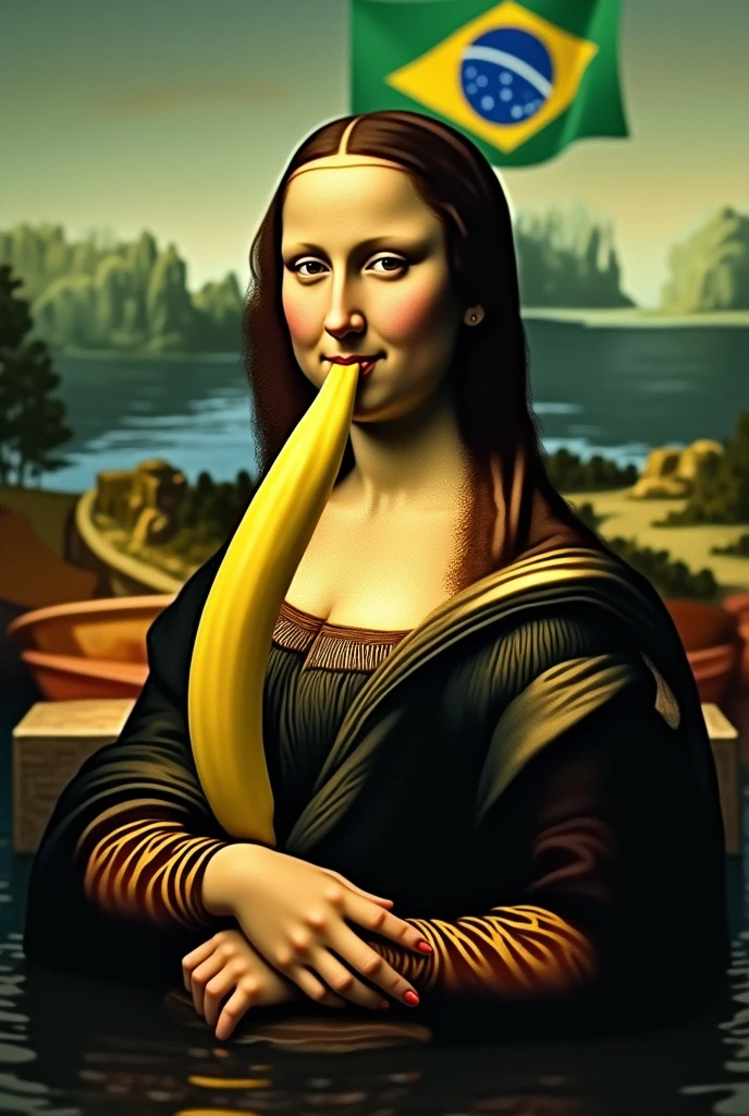 MONALISA ON THE BOAT WITH THE BRAZILIAN FLAG EATING A BANANA