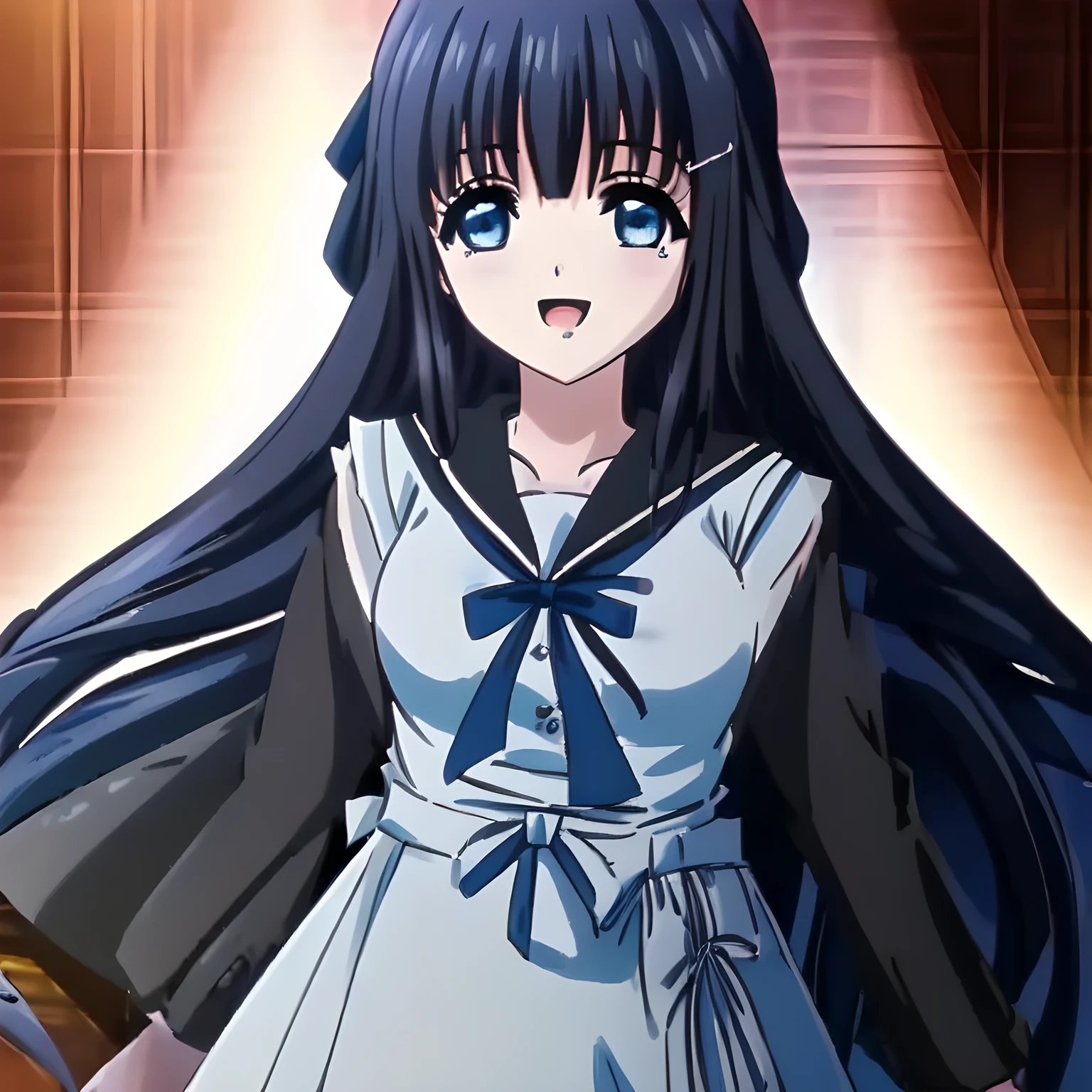 (highest quality, masterpiece: 3.0), (Just one very beautiful fantasic heroine who is looking and laughing at me, Very detailed intelligent 15yo heroine's eyes and face, Beautiful eyes with detailed: 1.6), (Very beautiful, wavy, cutely shining super-super-long blue hair, with elegant hair ribbons: 1.4), (Laughing very beautiful and intelligent sapphire-blue intelligent eyes with very long eyelashes which charms and enslave me inevitably, with detailed very well: 1.4), (Noble black neat sailor-styled formal school uniform with a noble ribbon on the chest: 1.6), (In a room filled with very good smell of female pheromone: 1.3)