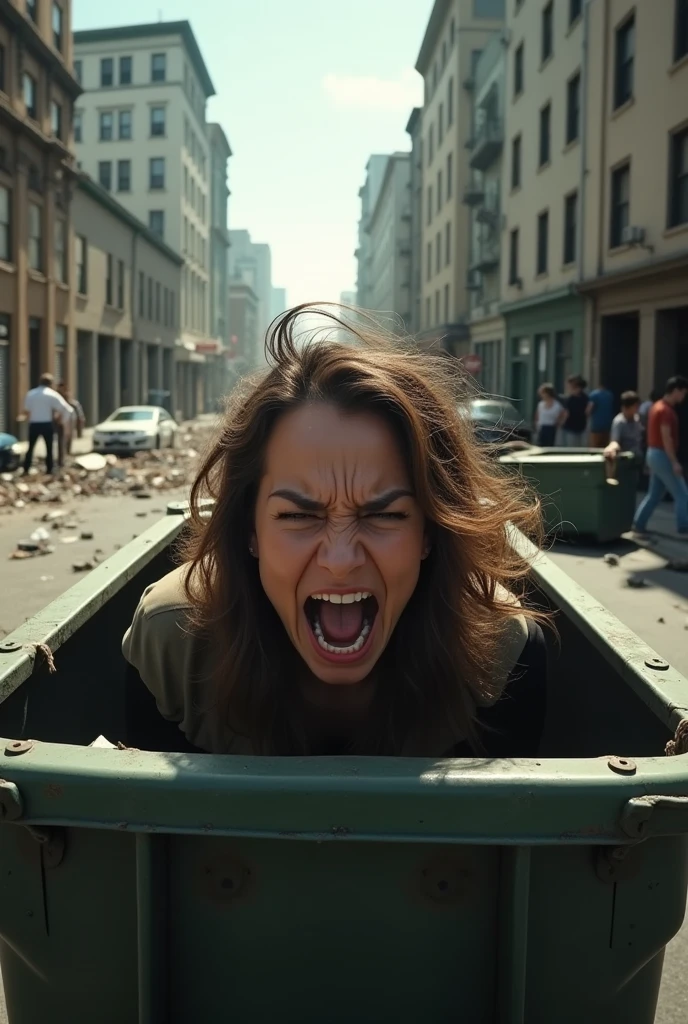Close up of a terrified woman hiding behind a dumpster on a rampaged San Francisco city street