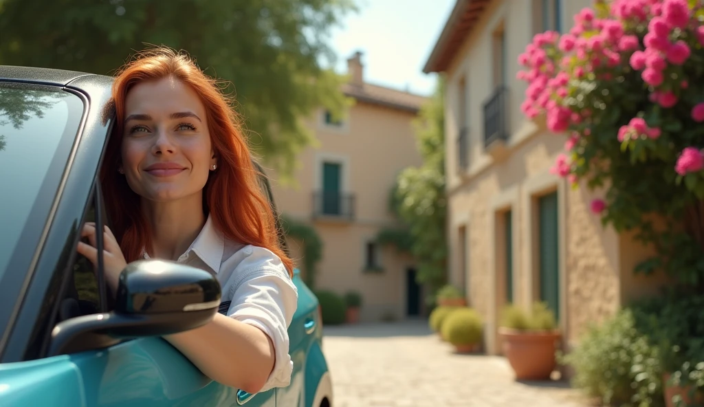 A 2 red-haired woman, close-up, arriving in the village of PROVENCE, at the wheel of her electric Citroën AMI. Side view of the car. She smiles. Typical houses, flowerbeds and bougainvilleas. Style by David Hamilton.