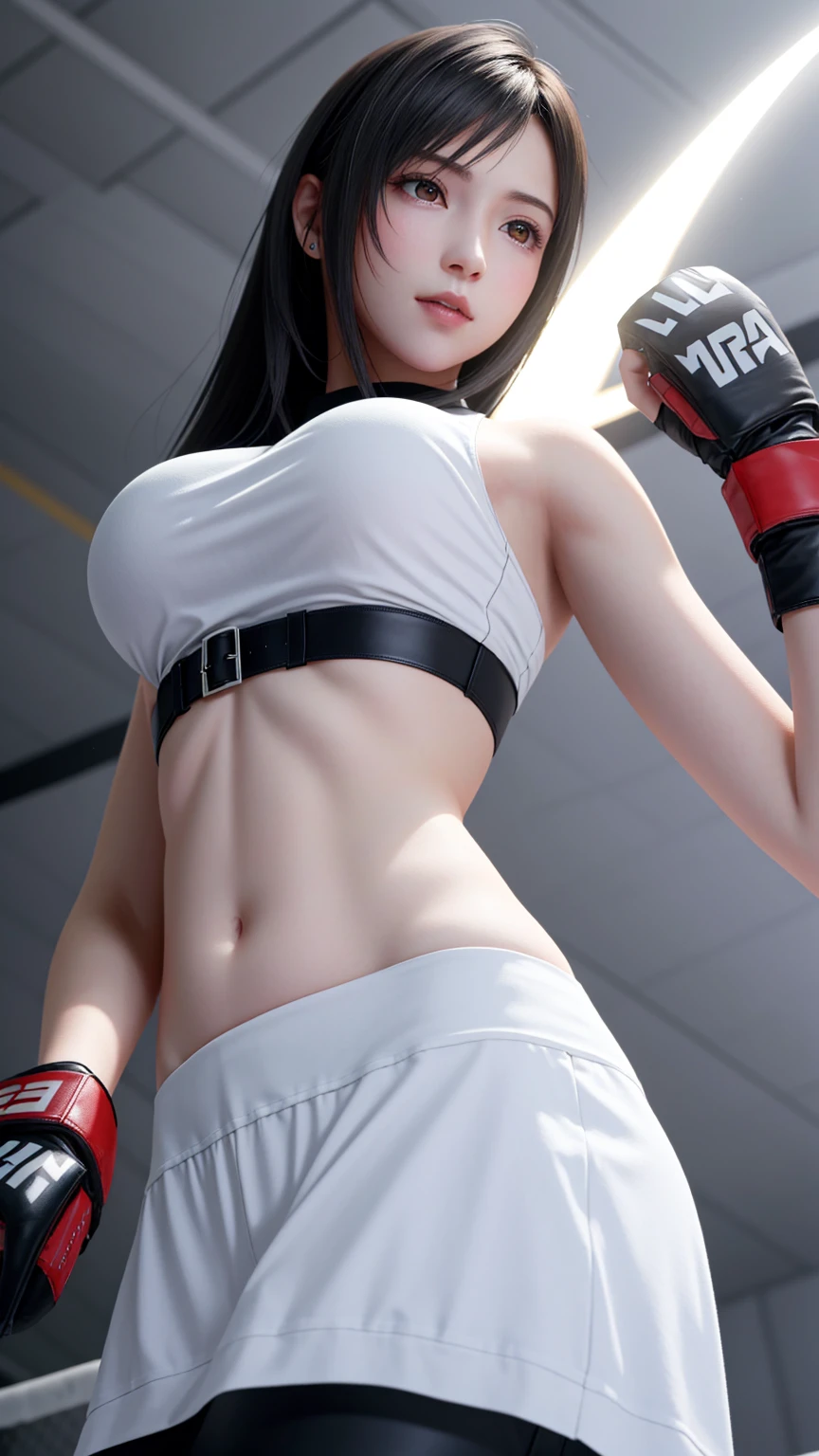 8k,masterpiece, Highest quality,big breast, (1 person:1.5), Tifa Lockhart, red_eye, Black Hair, Long Hair, Professional Lighting, (Glowing Skin: 1.2), shiny big, ((Highest quality)), Sharp focus: 1.2, Highly detailed face and skin texture, detailed eye, Perfect Face, Perfect body, CG, Big Breasts, before (Age 25, Mature, cool and beautiful face), (on MMA Arena :1.5), (wearing MMA uniform:1.5, white tops and black bottoms), thigh, belly button,glaring,(From Below:1.2),Look At View,Victor, Cowboy Shot, 