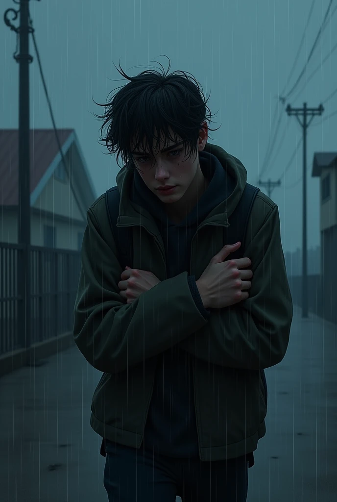 A very sad teenager crying in the cold night rain as he walks holding his arm while the wind blows through his hair and shakes it