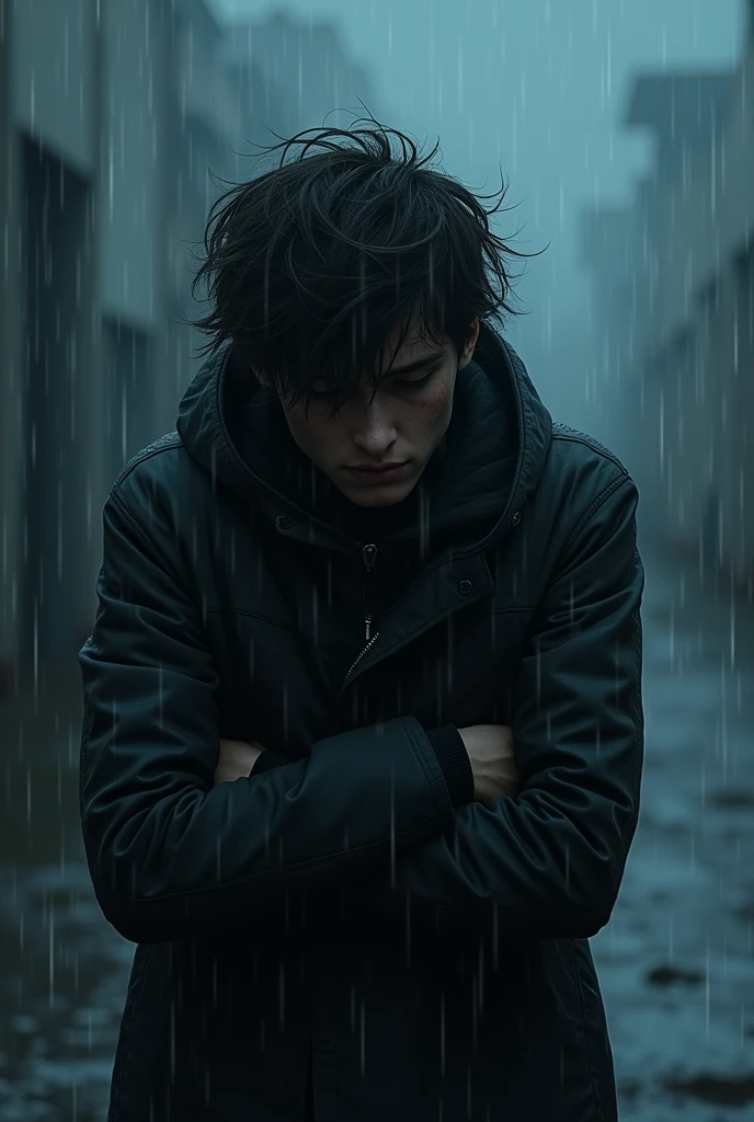 A very sad ager crying in the cold night rain as he walks holding his arm while the wind blows through his hair and shakes it