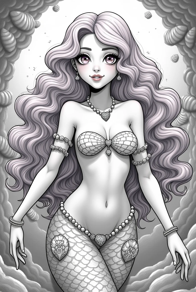 Monochrome manga art style, enchanting mermaid character, inspired by Shantae, embodying love and fantasy, adorned in elegant sea shells intricately designed with heart motifs, sparkling heart necklace resting gracefully against her collarbone, medium pink curly hair cascading beautifully, framing a radiant face, captivating heart-shaped pink eyes reflecting the depths of the ocean, delicate pearls entwined around her neck, arms, and waist, detailed textures enhancing the essence of the seas, central composition showcasing her ethereal beauty, contrasting shades of black and white creating depth and dimension, soft highlights delicately illuminating details, dreamy underwater ambiance surrounding her figure, gentle waves framing the scene, merging elegance with whimsy, capturing both tenderness and strength, stylized features accentuating manga characteristics, exaggerated expressions enhancing emotional engagement, meticulous line work emphasizing every curve and accessory, manga-style emotional resonance, stunning visual storytelling deeply rooted in fantasy, fluid motion lines illustrating her connection to the tides, showcasing the timeless allure of mermaid lore within modern manga culture.