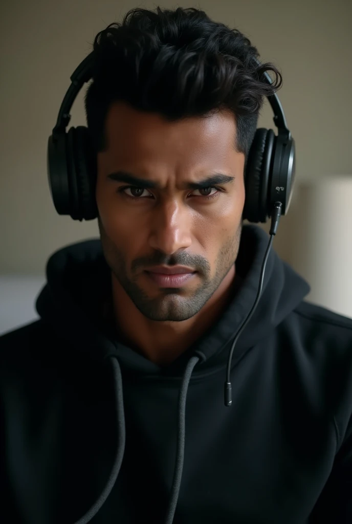  wearing black sweatshirt and headphones excited serious 18+Indian