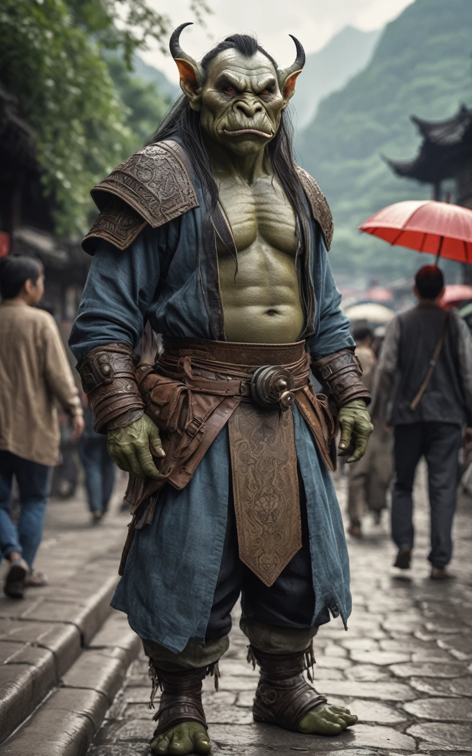 full body length shot, beggar graphite Manganite sparas, wants eat, survival in criminal city of future, Cinematic, soft colors, Technicolor, natural skin textures, hyper realism, hyper detailed, Extremely detailed, Masterpiece, Realistic, Ultra Detailed, intricate details, realistic humid leather, extremly intricate, Epic Realistic, cinematic style, hdr, extremely detailed, masterpiece, intricate details, faded, eyes extremely detailed, high detailed eyes,16k resolution, RAW, Nikon Z9, China, Songbird, orc, Li River in China, Pisces, pointed ears perfect, ginger, Creative, masterpiece, fantasy, super detailed, high resolution, 