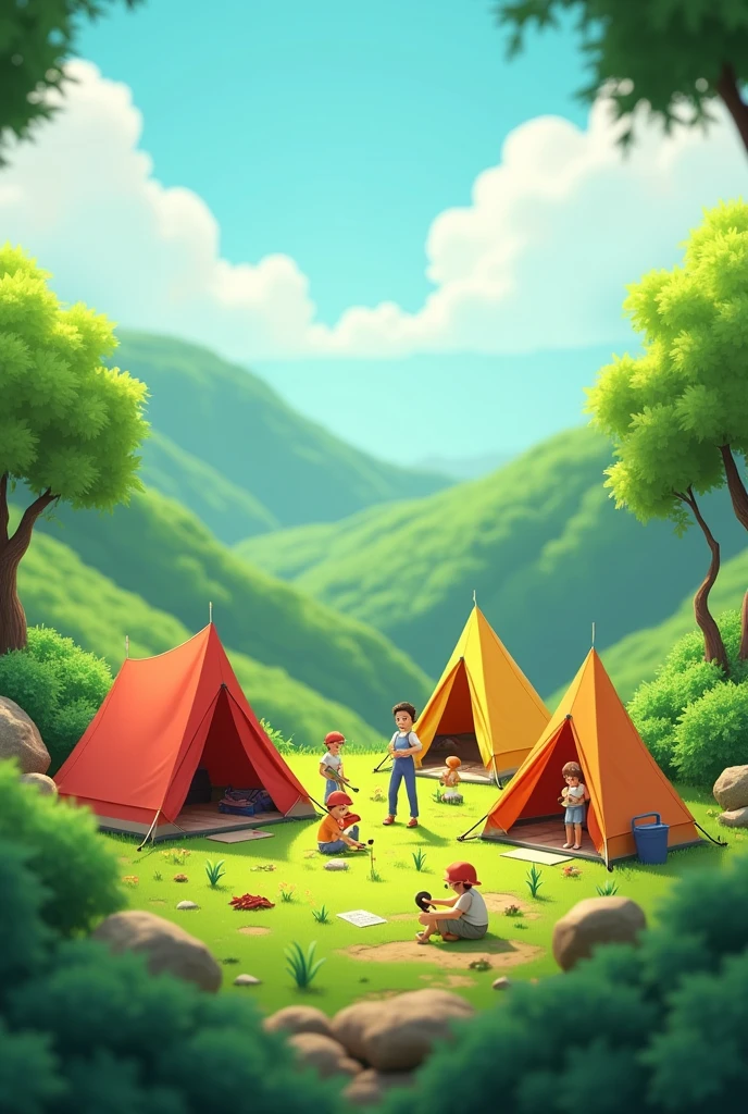 create an animated design that contains a combination of reforestation activities and group camping activities with a design focus on 4 camping tents and tree seedlings