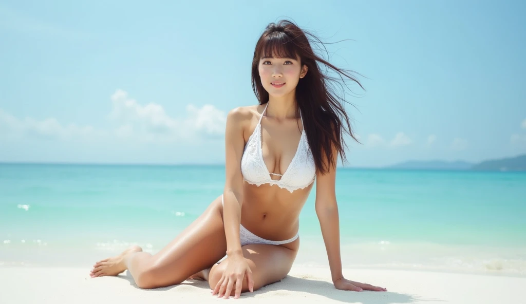 リアルなphotograph、Pay attention to the faces of Japan's top idols、Bikini with innovative design、On all fours , Spread your legs,Lean your back、 photograph, White sand beach、blue sea、Tanned skin、Show and style hair blowing in the wind、Small size bikini、Pose with cleavage in mind、