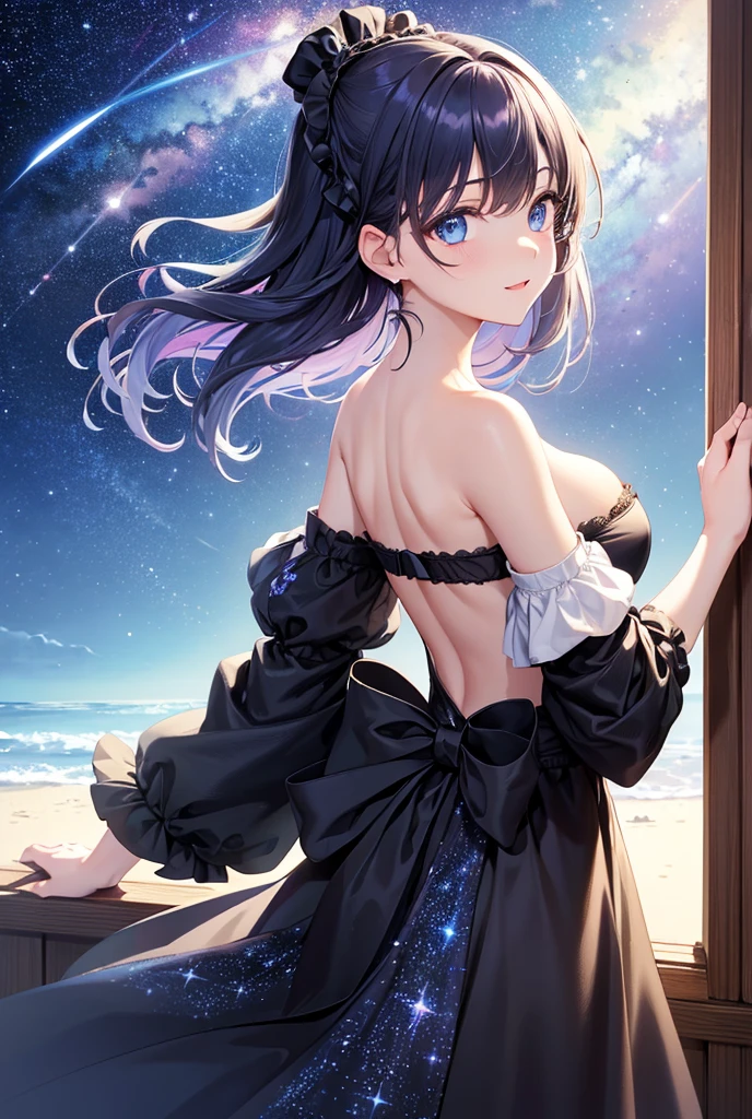 (8k, Highest quality, masterpiece: 1.2),Ultra-high resolution,1 girl, solo, Color changing eyes, Ultra-detailed, Expressive eyes, Highly detailed face, ass pov, Victorian dress、Random Hairstyles、Random hair color、Midnight、Out of the window、Starry Sky, clavicle, Ecstatic expression, Cleavage,wariza, Cowboy Shot