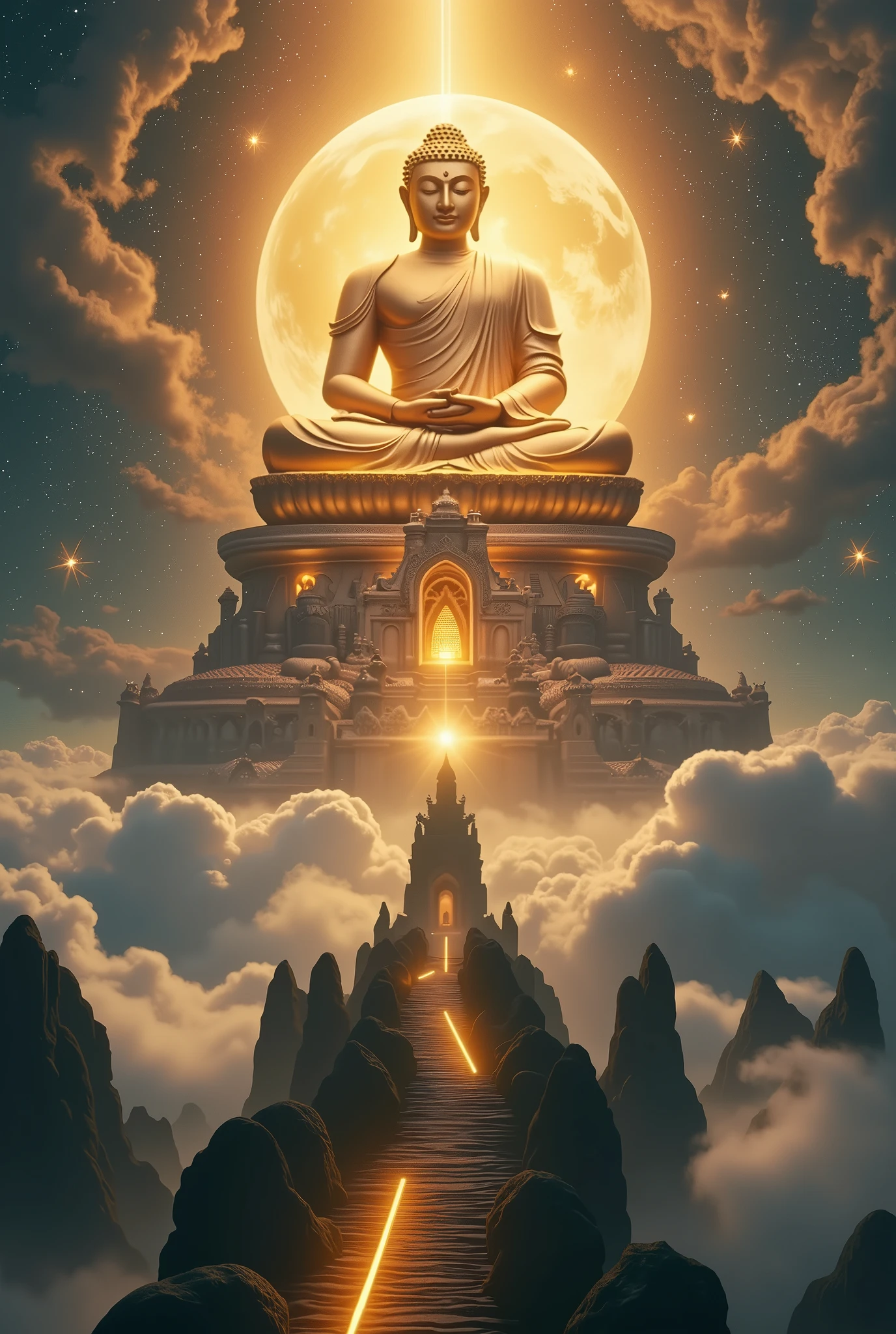 ((masterpiece))，(Best quality))，Chinese style，In the universe，A huge Maitreya Buddha statue stands in space，Gaze at the earth，Standing Buddha，Shining，Glow Effect，Pilgrims on the road，Hyperrealism，Hyper-photorealism，Real photography，8k，HD，high quality，masterpiece，Super Fine，Decolorization，daub，Ink，8k，Super Fine，high quality，(((OC Renderer)))，buddha with glowing lights and a glowing orb, buddhism, enlightenment. intricate, glowing from within, spiritual enlightenment, the buddha, on path to enlightenment, on the path to enlightenment, cosmic enlightenment, enlightened, beautiful depiction, emanating and flowing energy, Samsara, glowing golden aura, an interdimensional being, the sacred cup of understading