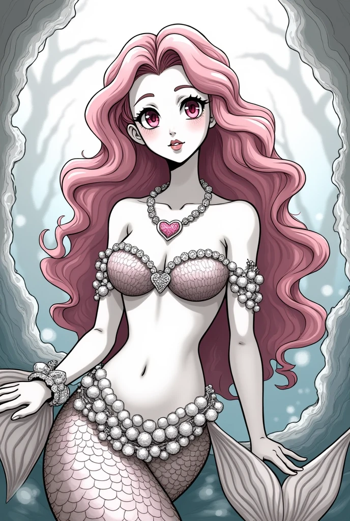 Monochrome manga art style, enchanting mermaid character, inspired by Shantae, embodying love and fantasy, adorned in elegant sea shells intricately designed with heart motifs, sparkling heart necklace resting gracefully against her collarbone, medium pink curly hair cascading beautifully, framing a radiant face, captivating heart-shaped pink eyes reflecting the depths of the ocean, delicate pearls entwined around her neck, arms, and waist, detailed textures enhancing the essence of the seas, central composition showcasing her ethereal beauty, contrasting shades of black and white creating depth and dimension, soft highlights delicately illuminating details, dreamy underwater ambiance surrounding her figure, gentle waves framing the scene, merging elegance with whimsy, capturing both tenderness and strength, stylized features accentuating manga characteristics, exaggerated expressions enhancing emotional engagement, meticulous line work emphasizing every curve and accessory, manga-style emotional resonance, stunning visual storytelling deeply rooted in fantasy, fluid motion lines illustrating her connection to the tides, showcasing the timeless allure of mermaid lore within modern manga culture.