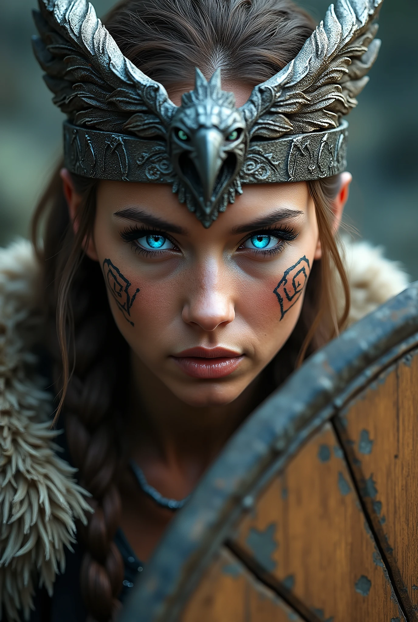 Close up face beautiful viking woman, wooden shield in hand , strong blue light in the eyes, eagle wings crown , viking drawing on eyes, Angry, bone ornaments on the neck, battle armor, focused, braids in hair
