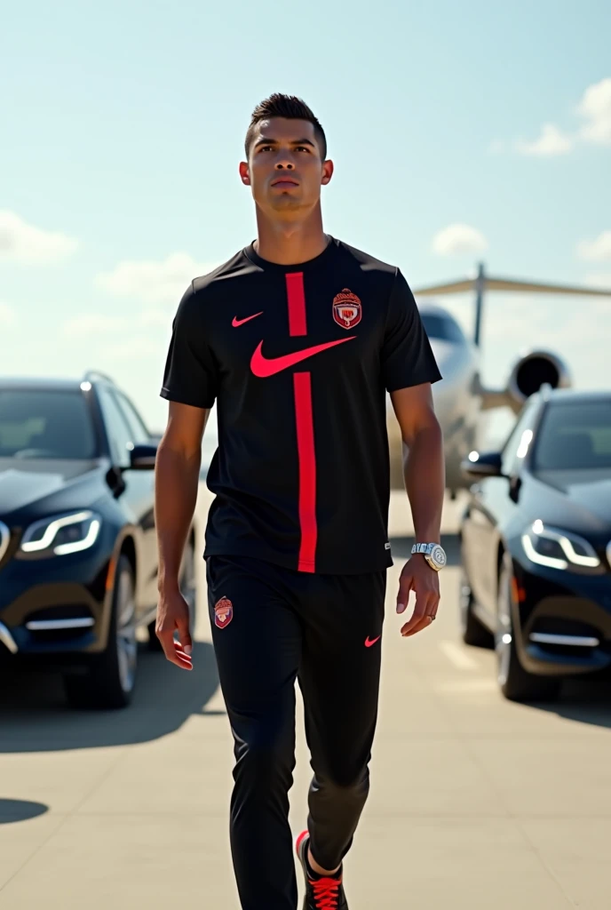 Cristiano Ronaldo ;à l'aéroport de Washington où quatre voitures lui suivent;un jette privé qui l'attend;portant un montre en diamant,une lumière claire luxe;un t-shirt ???? rouge nike luxe;un pantalon ???? luxe ;des chaussures de luxe montante 