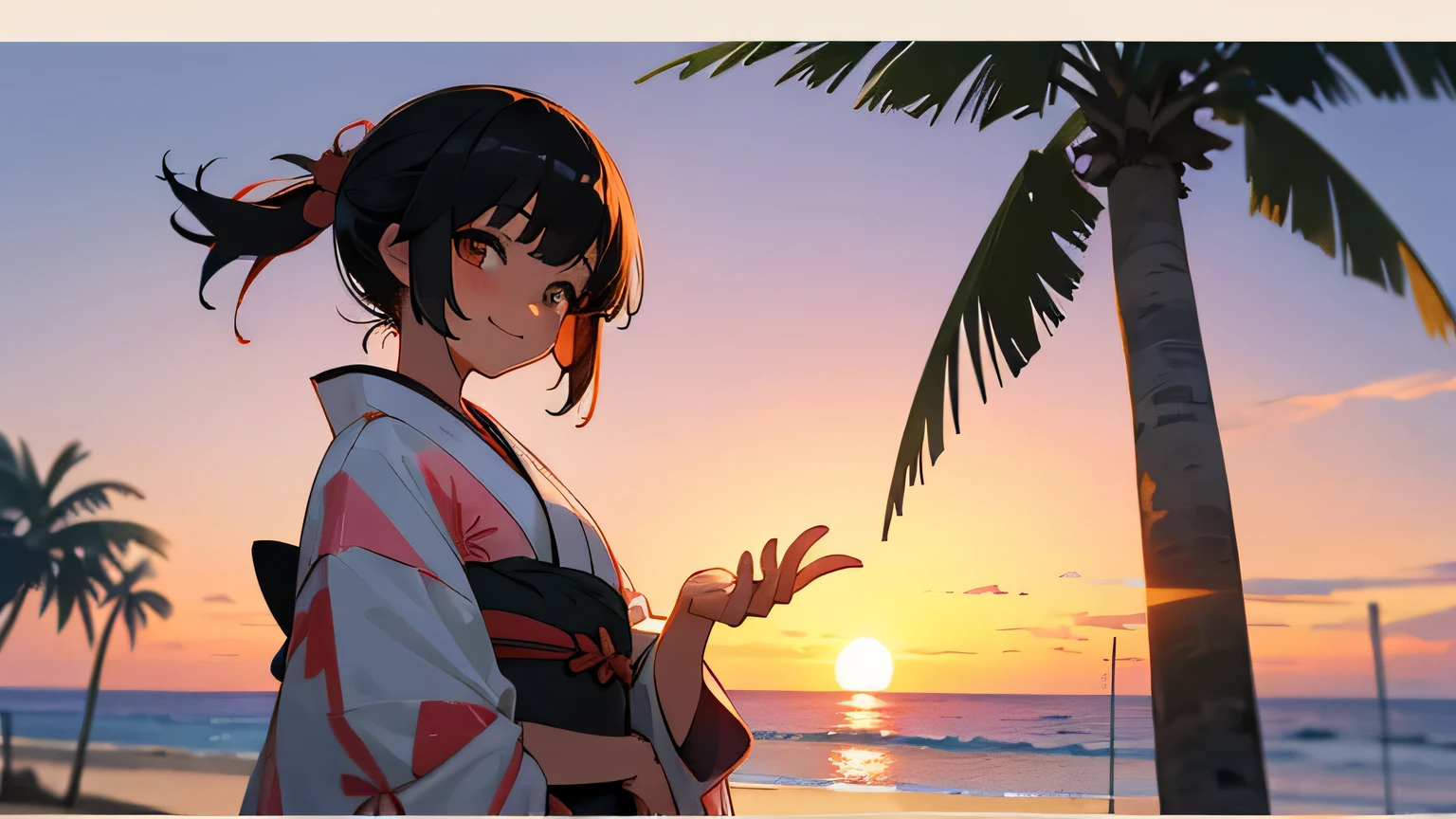 beach,sunset,palm tree,smile,kimono,japanese,girl