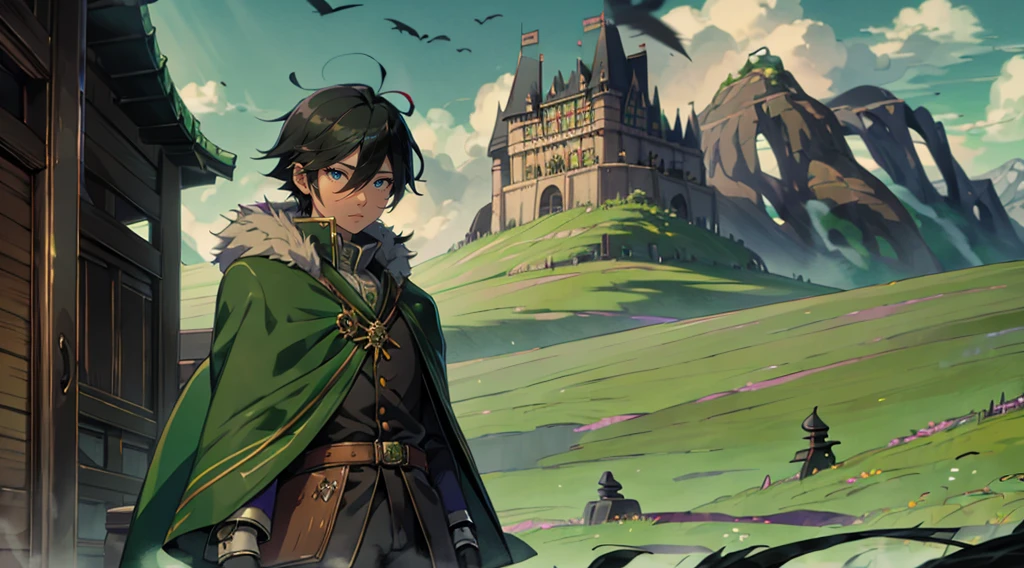 yuichiro hyakuya, (WithoutFear:1), demon king, evil face, 1 boy, black hair, green eyes, brown coat, gray armor, green shield, green cloak, dark brown gloves, castle, white fur trim, tall, anime, standing, good quality, portrait, looking at viewer
