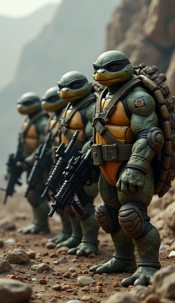 A group of turtles wearing military uniforms and carrying swords and M4 rifles.