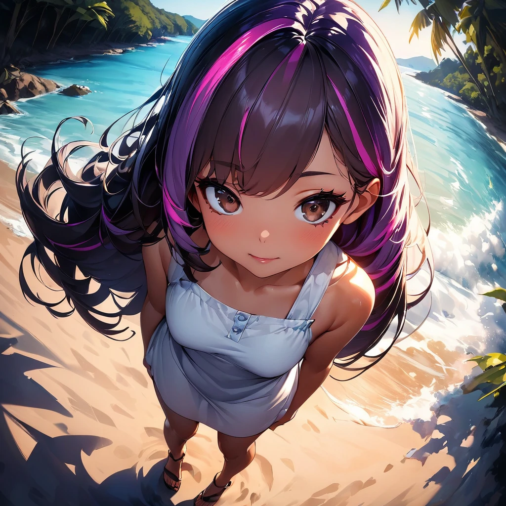 (highest quality:1.2, Very detailed, up to date, Vibrant, Ultra-high resolution, High Contrast, masterpiece:1.2, highest quality, Best aesthetics), super wide angle, Portraiture、girl、surfer, solo, (25-years-old:1), Bright colors、Beautiful fine details、Beautiful lip detail, long hair、black and purple ((streaked hair:1.6)), highlights hair: 1.5, brown eyes, ((slim body:1.4)), (small breast:0.7), (dark skin:0.5), summer dress, loose fit, standing tropical beach:1, parm trees, from behind:2, looking beautiful sunset, Backlit:1, (full body:1.5),