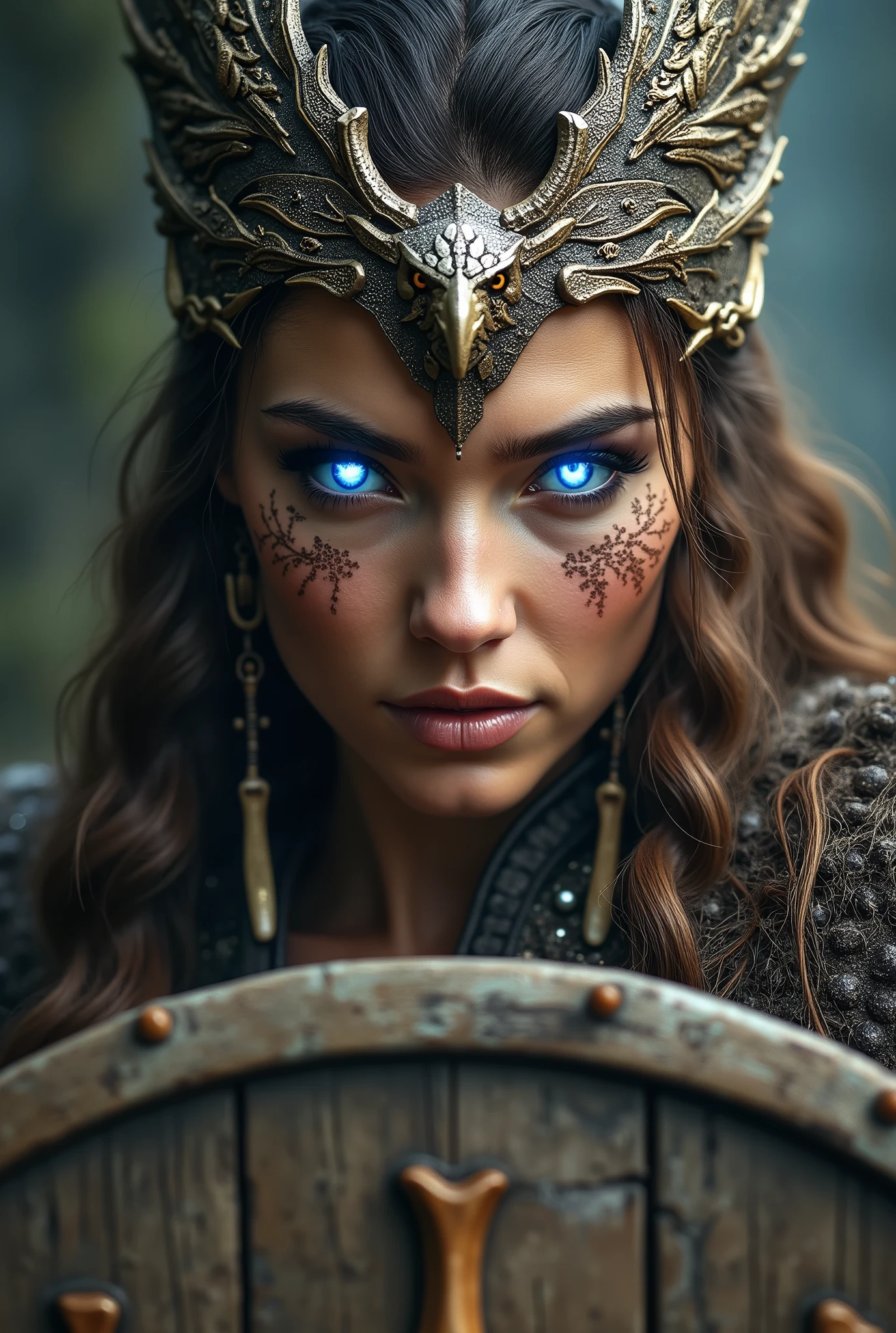 Close up face beautiful viking woman, wooden shield in hand , strong blue light in the eyes, eagle wings crown , viking drawing on eyes, Angry, bone ornaments on the neck, battle armor, focused, braids in hair