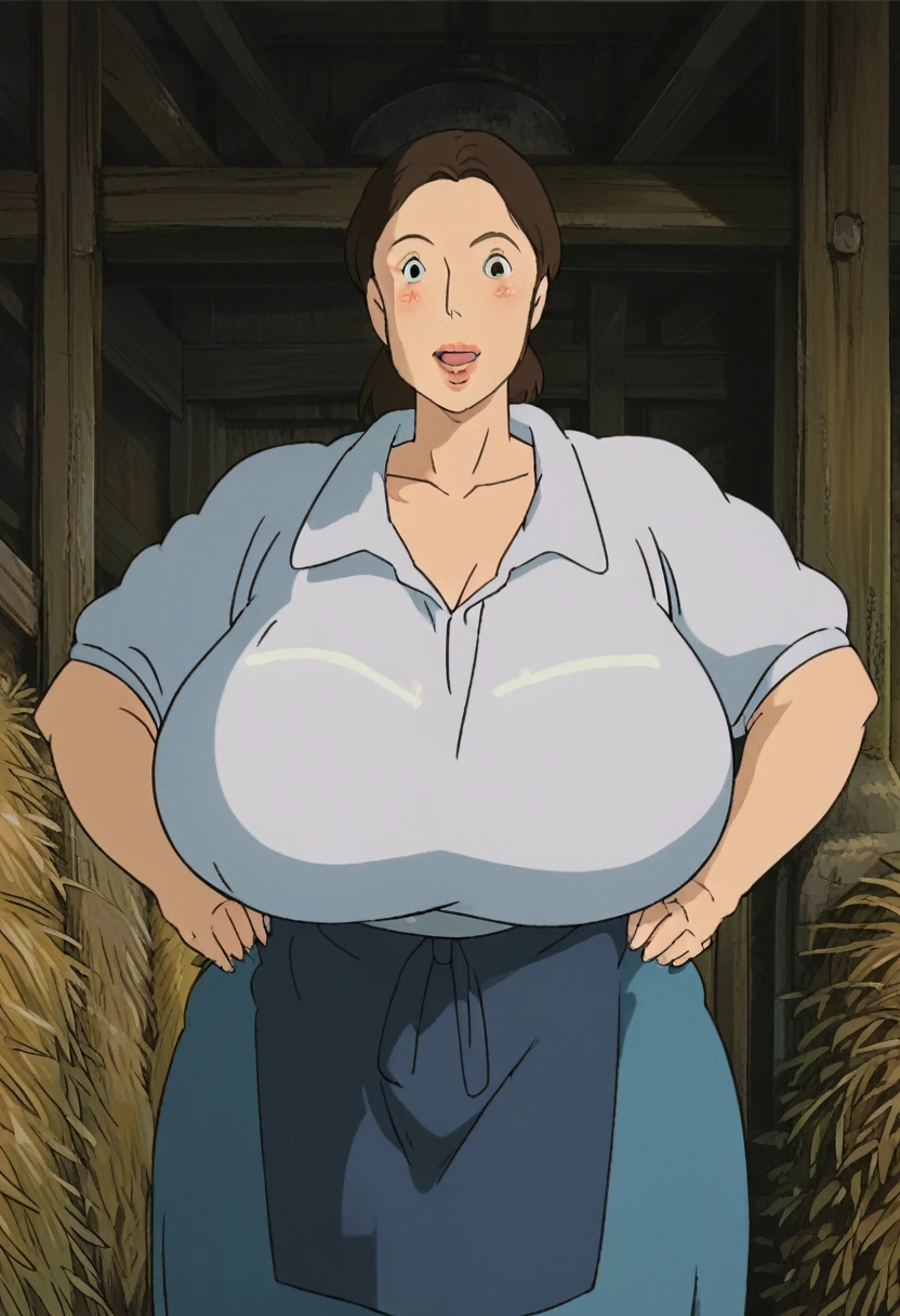 1girl, mature woman, gigantic breasts, wide hips, thick_thighs, chubby, black_eyes, black_hair, blush, collarbone, curtained_hair, high_ponytail, looking_at_viewer, medium_hair, farmhouse, shirt, big smile, open mouth, teeth, solo, thighs, (huge long skirt), white_shirt, (big_white_apron:1.3), upper body, hands on hips, score_9, score_8_up, score_7_up