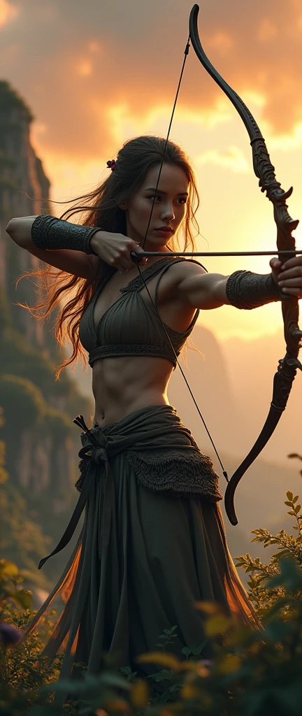 ((1 girl, dynamic archer stance, detailed archery stance:1.5)), intricate arch, dramatic movement, Eye-catching silhouette, flowing hair, intense focus, muscular physique, realistic skin texture, high quality, 8k, cinematic lighting, dramatic shadows, warm color tones, vibrant colors, fantasy landscape background, lush vegetation, Rocky cliff, dramatic sky, dynamic action, Striking composition, masterpiece, photorealistic, hyper detailed