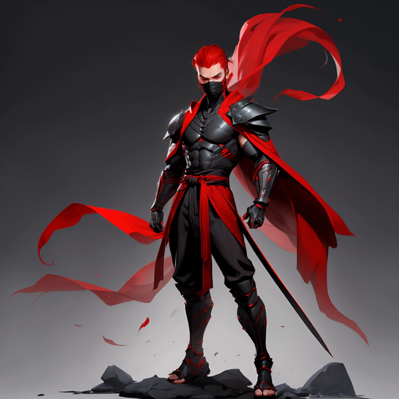envision a 8k, highres, semi realistic cinematic full body concept art design sheet of a soft ninja man with a slender muscular body, clean shaved, sleek red hair, and red eyes, ninja robes, ninja armor, mortal kombat ninja mask, half face mask, against a dark gray background