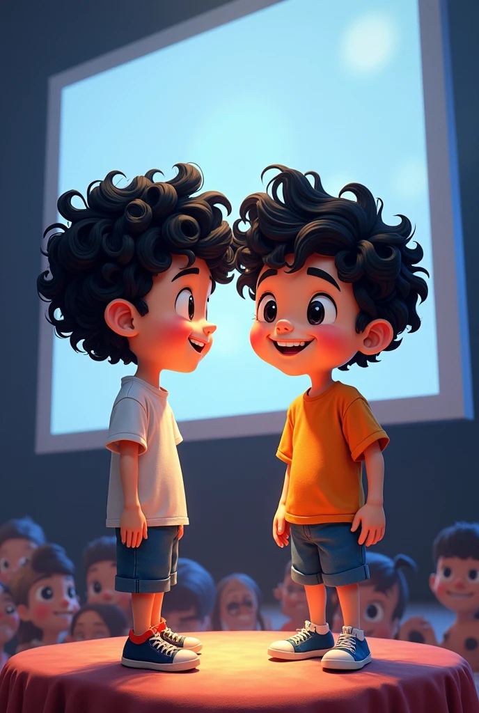 2 boys with black curly hair 1,73 on the altar and the other boy with short curly black hair, both looking at the screen smiling  "cartoon drawing style "