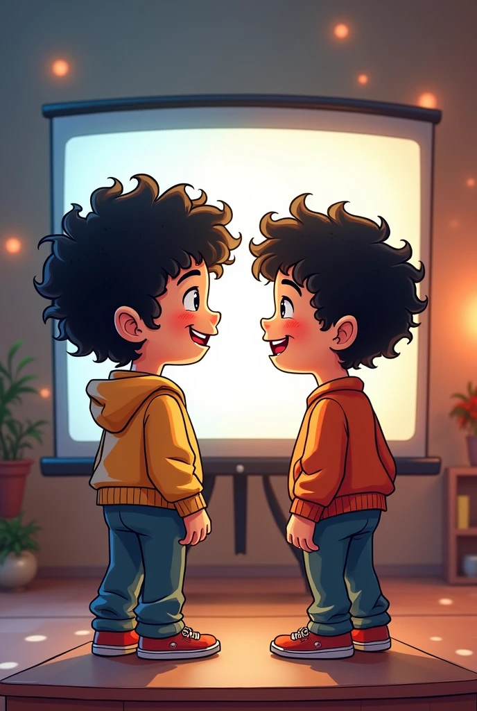 2 boys with black curly hair 1,73 on the altar and the other boy with short curly black hair, both looking at the screen smiling  "cartoon drawing style "