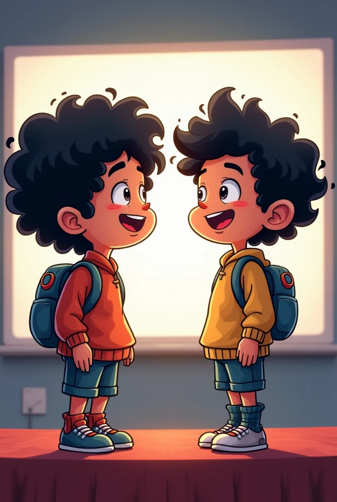 2 boys with black curly hair 1,73 on the altar and the other boy with short curly black hair, both looking at the screen smiling  "cartoon drawing style "