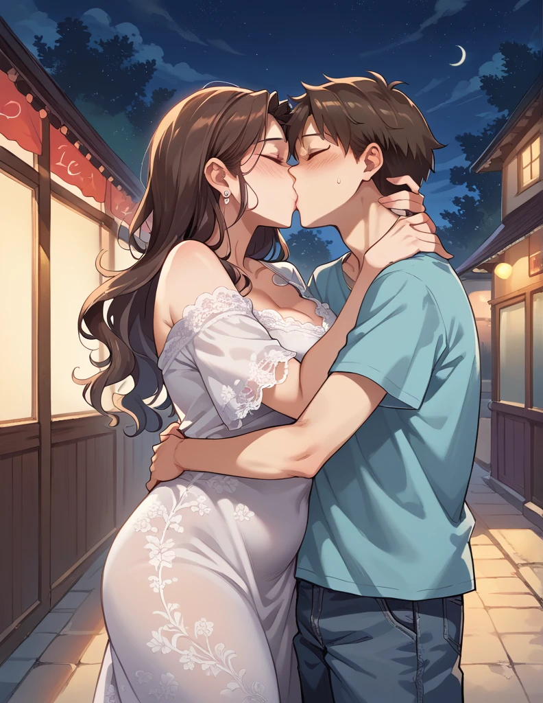 score_9, score_8_up, score_7_up, source_anime, 1boy, 1girl, mature female, mother and son, kid, hug, kissing, date night, valentine's day, romantic, loose hairs, lace dress
