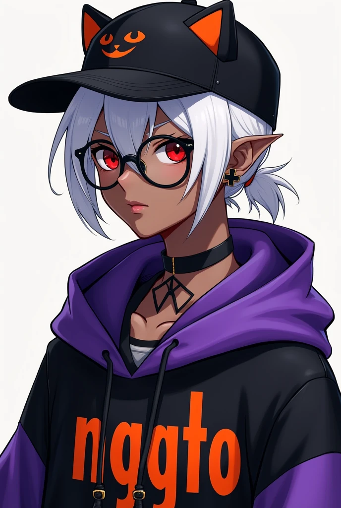 young man, Black skin tone, dark red eyes, elf ear small size, black earring in the shape of a cross but with two ears, wears prescription glasses, White hair, hair tied with ponytail, 2 strands of hair in the front, wears a black cap with a cat face, wears a closed hood with two different colors, black on one side and purple on the other, with an orange name written: NGGTO