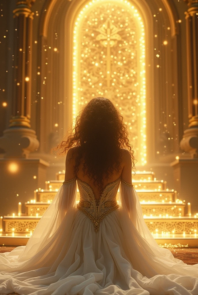 Beautiful and mystical curly-haired woman dressed in white with a royal court dress, prostrate in deep adoration offering her life and work to Jesus sitting on his golden throne brighter than the sun and made with all the stars of heaven