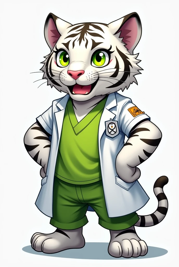 White tiger doctor with lime green shirt and white coat Could you make it more anime like please Now could you make it with a little more aggressive face, not much, and styled more like an Olympic Games mascot