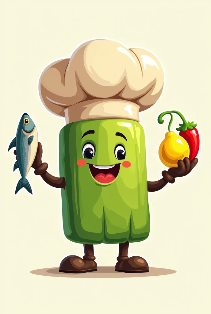 Make me a logo for my place which is a restaurant run by 3 chefs, two men and a woman called Mr.. A rectangular tamale bun with a chef's hat on it, with hands and legs and face, I need the face to be smiling, so that the teeth can be seen, that he looks happy and convinced that he is a good chef,both eyes open and, It has to be commercial, that he has a small fish in his hand and in the other a lemon and a chili pepper, Please note that the tamales are green in color, to make a logo for my store