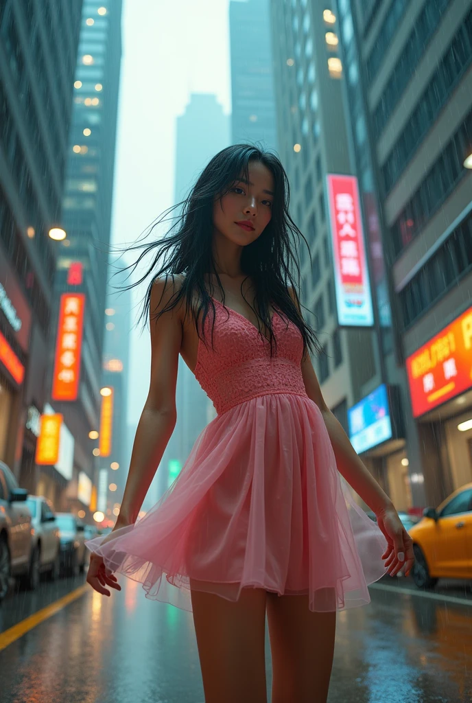 close-up creative angle bottom to up moving dynamic view of a movie scene where rain falls from the sky in a big city. Modern buildings are drenched and sparkling with moisture, creating beautiful natural light and shadow patterns.
A pretty Asian girl 20yo, messy long black hair, perfect body in pink short dress, she is dancing merrily and merrily in the rain. Looks carefree and completely soaked in happiness by Gustav Klimt, worm eye effect,