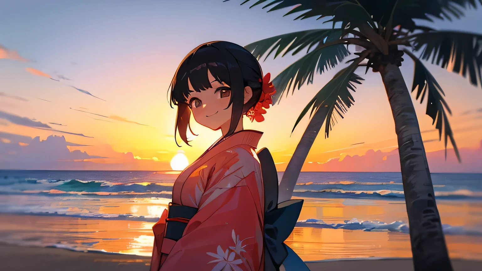 beach,sunset,palm tree,smile,kimono,japanese,girl