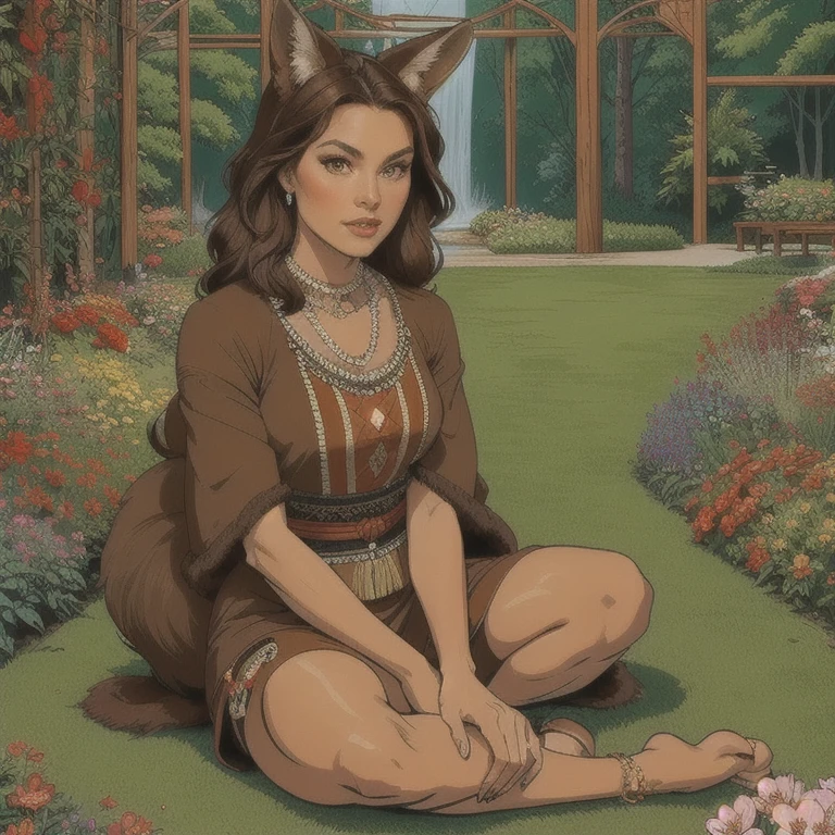 A beautiful red fox girl with long brown ears with darker brown inside, brown fur, bronzed fuzz on the neck, a fluffy brown tail with a bronzed tip, large brown eyes, wearing Native American style clothing, sitting in a lush floral garden, masterpiece, best quality(SFW)