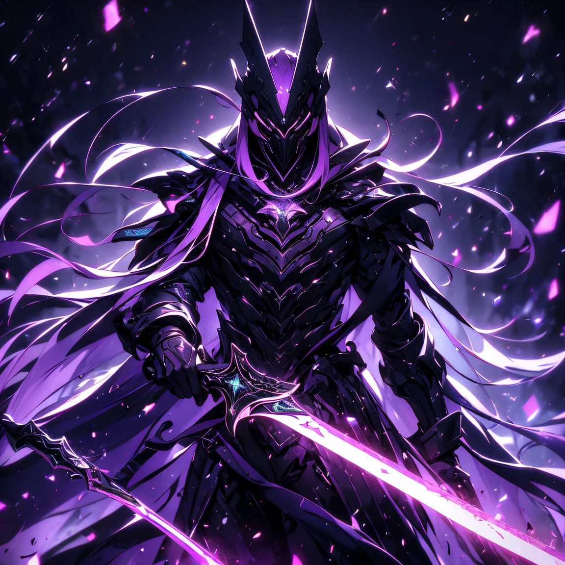 (ultra-detailed CG unit 8k wallpaper, Master parts, Best quality, depth of fields, hdr, complex), Tall, The sinister Dark Assassin wears a metal mask,Bright purple eyes,violet and dark armor,Behind him he wears a low-key violet cloak,Holding a sharp dagger in his arms,Step into the burning village, (complex: 1.4) (Master parts: 1.4) (illustration: 1.4), Purple studio lighting, Post-processing, 8K resolution, deep dark background, imposing, Well-composed photos, Impressive, dark fantacy (Director: greg rutkovsky: 1.2), (darken: 1.5)(10 people:1.8)