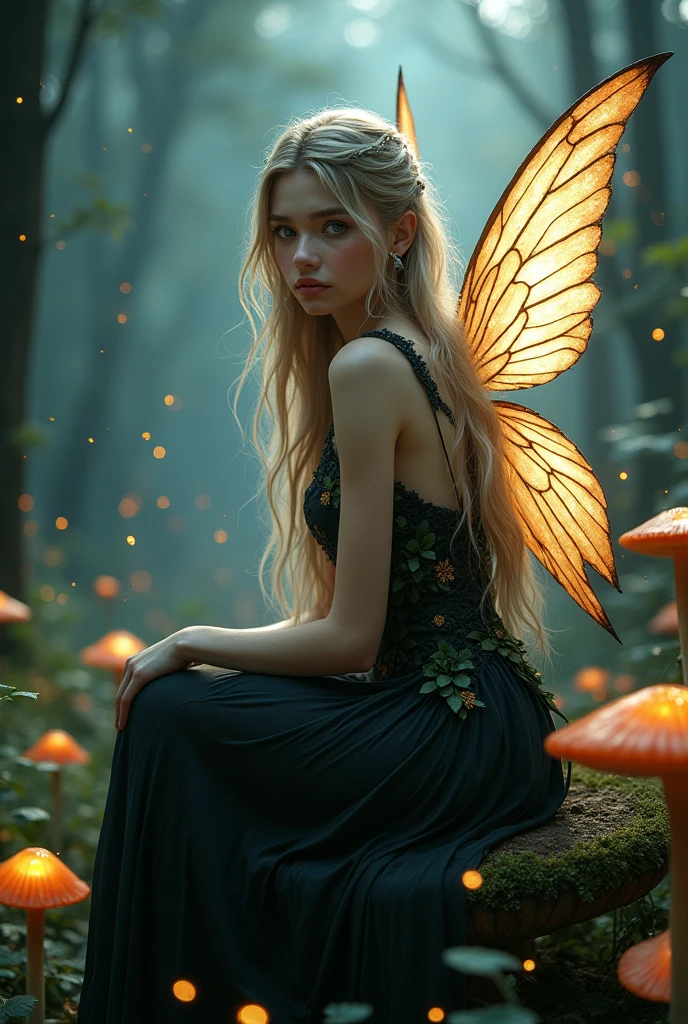 Create a magical scene featuring a beautiful young fairy with pale skin, blue eyes, seductive gaze long hair and sensual, wonderful, body, detailed face, detailed eyes, detailed lips in an enchanted forest at dusk. The fairy should have delicate, translucent wings that shimmer with a soft glow. She is sitting on a mushroom. She should wear flowing black dress made of petals and leaves, with intricate, nature-inspired patterns. The forest is dense with ancient trees, glowing mushrooms, and sparkling fireflies. The overall atmosphere should feel mystical and serene, with a soft, warm light filtering through the trees