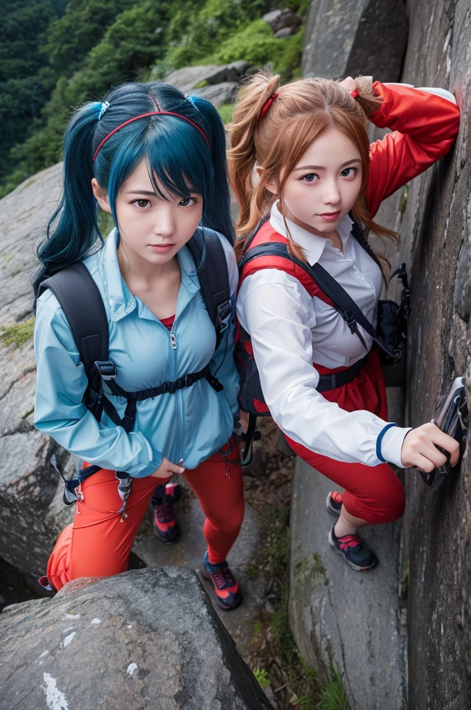 Two beautiful women in strong winds and heavy rain、Desperately climbing the steep rock face of a mountain.A series of crises、Rain Splash Art、Light blue long hair、Twin tails、Red Climber Costume、rucksack、Camera from the sky. Anime Style, Very detailed.