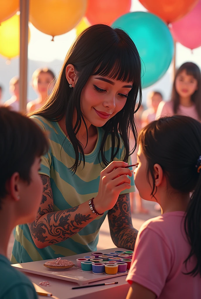 drawing young woman with long hair, with straight bangs and lots of tattoos on her arm. She is sitting on a chair wearing a multi-colored t-shirt and has a box of paints and brushes next to her.. The woman is painting on the cheek of one of the children sitting in front of her, She looks very focused. It's a festive atmosphere, There are balloons and the children wait their turn