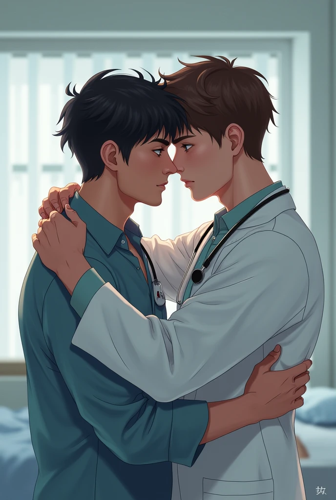 Two young adult men hugging with hospital background, one in doctor&#39;s clothes, dark shaped eyes, Caucasian skin, wavy black hair, the other with simple clothes, brownhair, light eyes and tanned skin and humble appearance, the image has to be realistic. The image should be close to their faces 