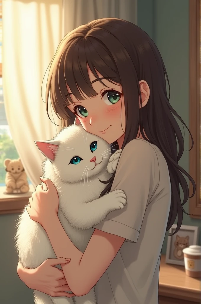 I want a picture of a pretty green-eyed girl hugging her white blue-eyed cat